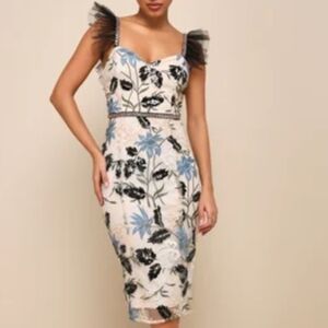 Lulu's Blue and Gray Sheath Midi Dress Spaghetti Strap